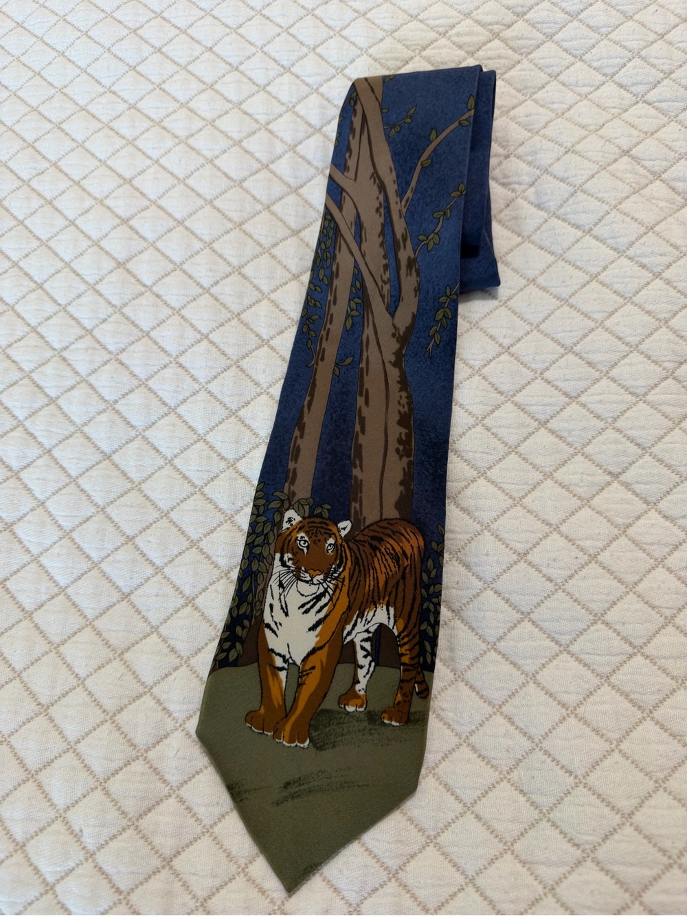 Silk Tiger Print Tie in Navy and Olive